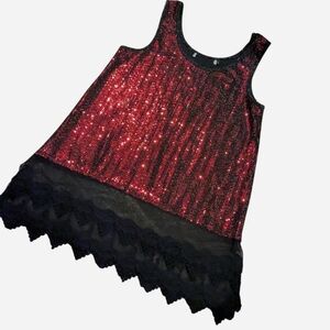 VTG Y2K Origami Red Sequin Sleeveless Tunic Top with Black Lace Scalloped Hem